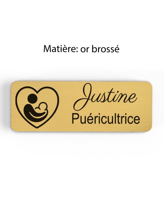 Badge personnalisé puéricultrice, motif bébé et puériculture, finition or brossé