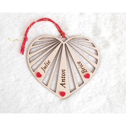 Boule de Noël cœur bijoux personnalisée - bois cœur rouge acrylique famille prénoms joyeux noël - Noël en famille 2