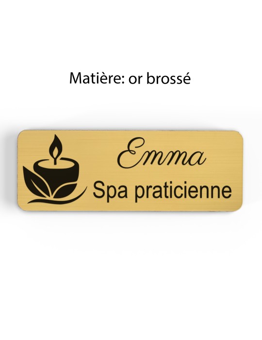 Badge personnalisé spa praticienne, motif spa et détente, finition or brossé