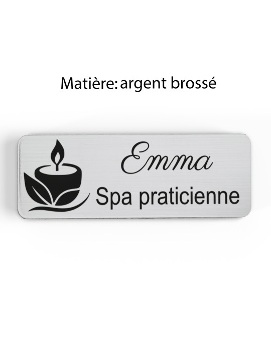 Badge personnalisé spa praticienne, motif spa et détente, finition argent brossé