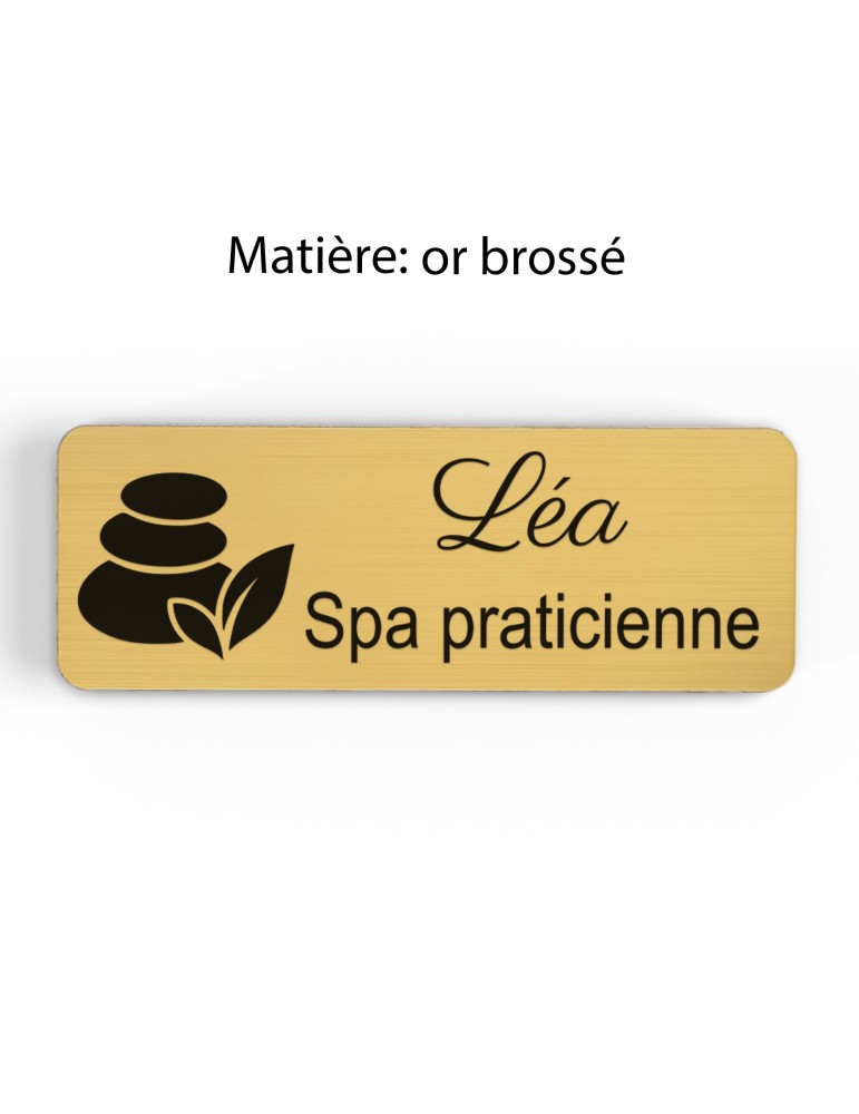 Badge personnalisé spa praticienne, motif spa et détente, finition or brossé