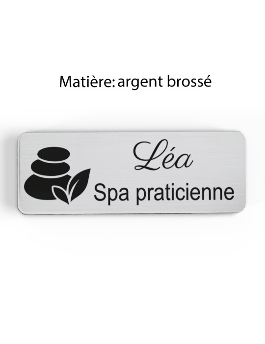 Badge personnalisé spa praticienne, motif spa et détente, finition argent brossé