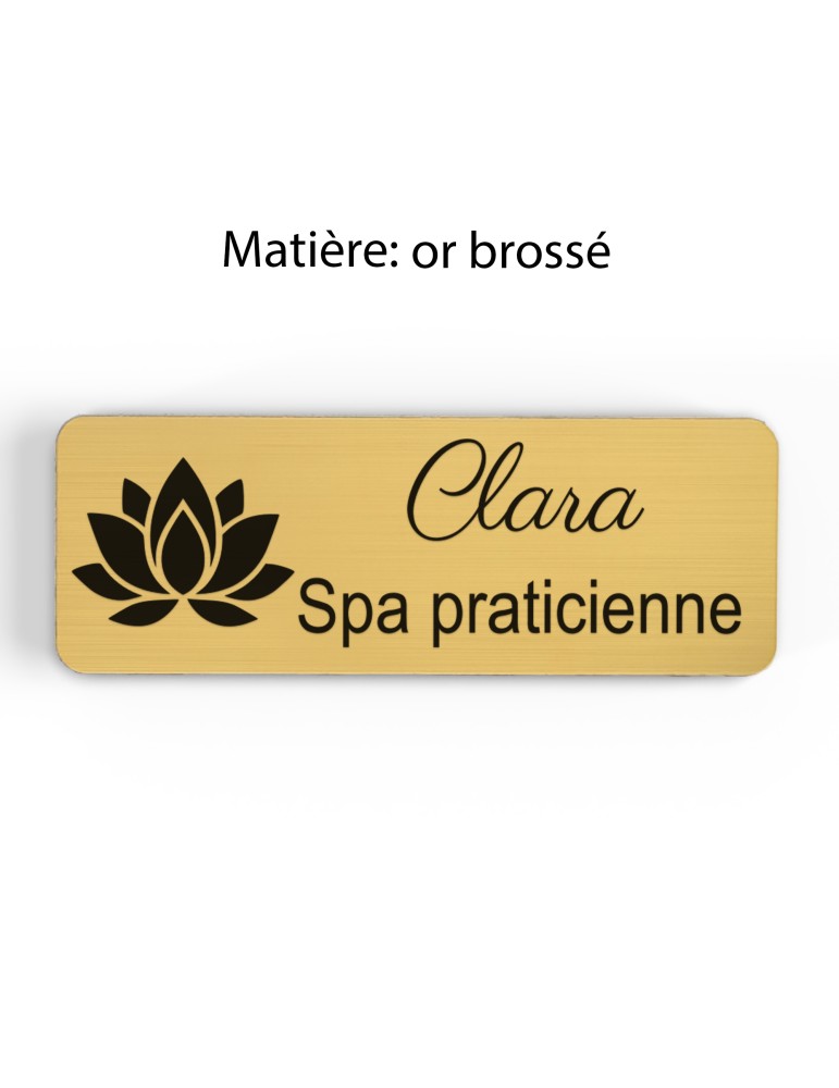 Badge personnalisé spa praticienne, motif spa et détente, finition or brossé