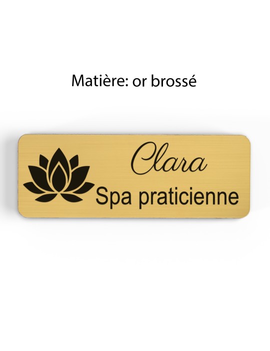 Badge personnalisé spa praticienne, motif spa et détente, finition or brossé