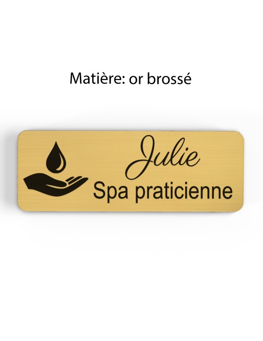 Badge personnalisé spa praticienne, motif spa et détente, finition or brossé