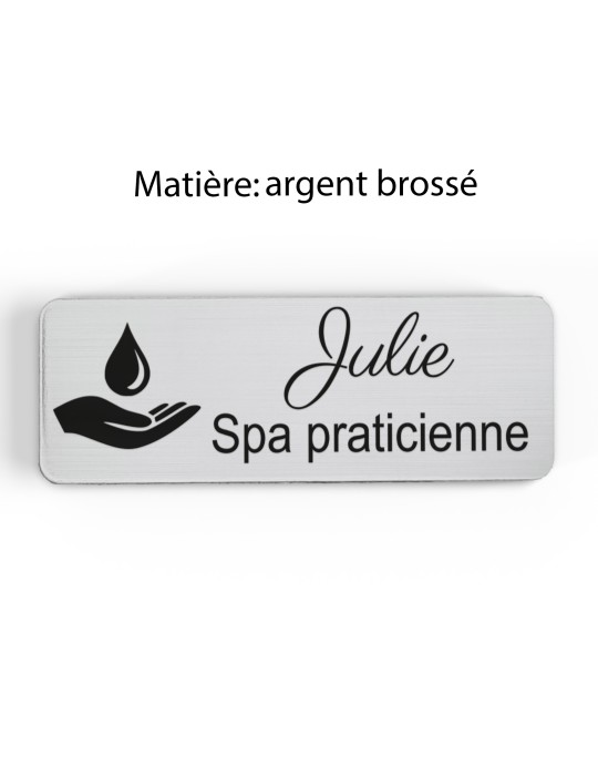 Badge personnalisé spa praticienne, motif spa et détente, finition argent brossé