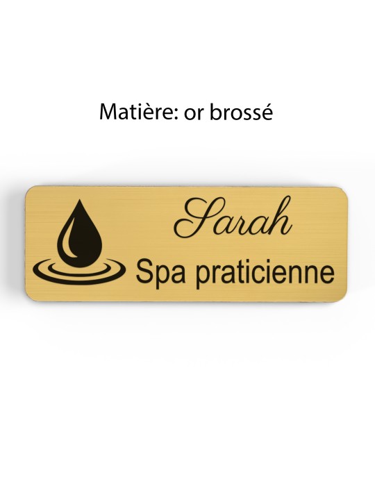 Badge personnalisé spa praticienne, motif spa et détente, finition or brossé