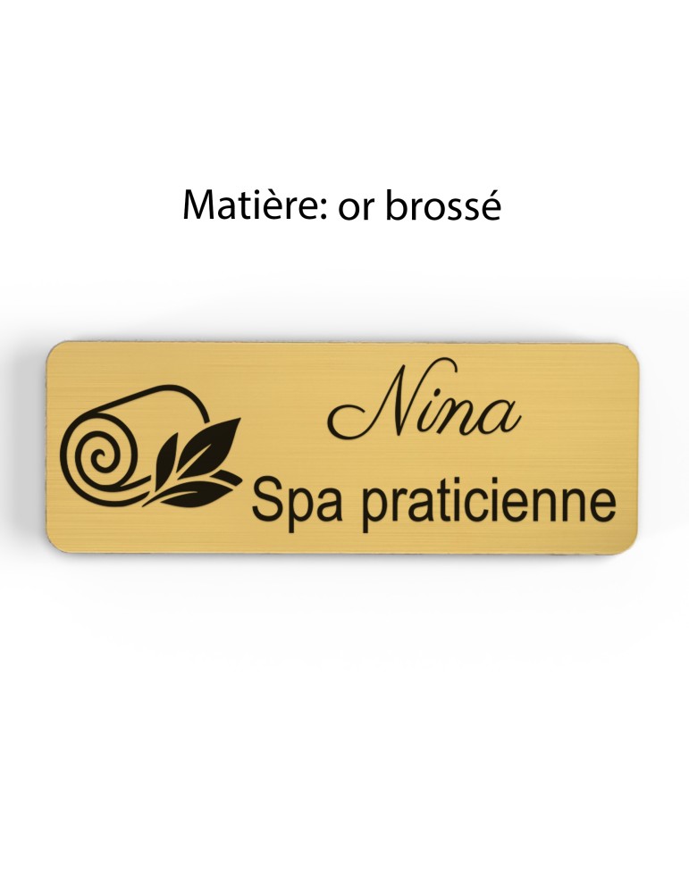 Badge personnalisé spa praticienne, motif spa et détente, finition or brossé