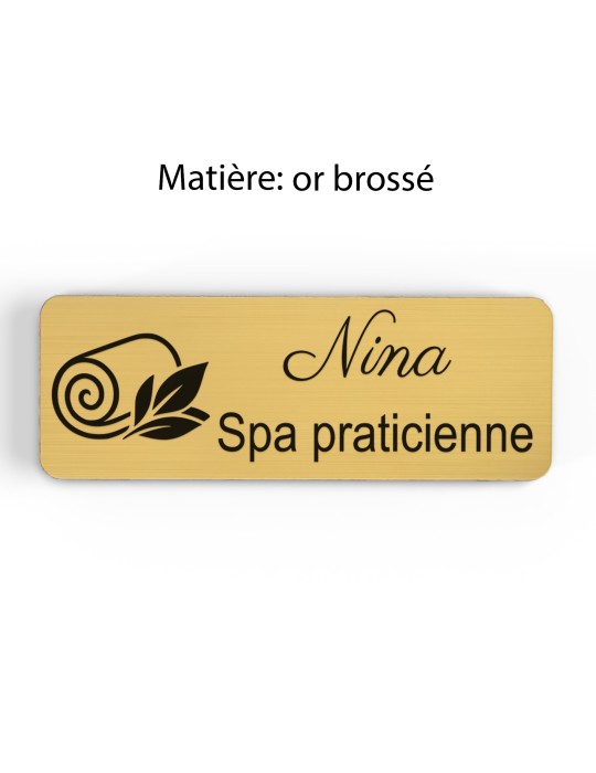 Badge personnalisé spa praticienne, motif spa et détente, finition or brossé