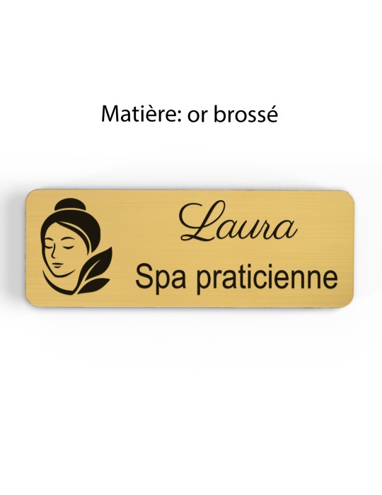 Badge personnalisé spa praticienne, motif spa et détente, finition or brossé