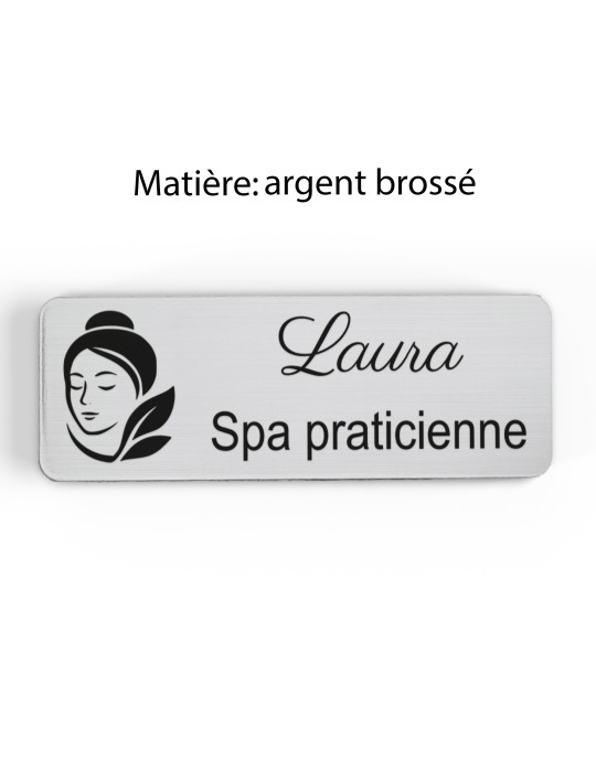Badge personnalisé spa praticienne, motif spa et détente, finition argent brossé