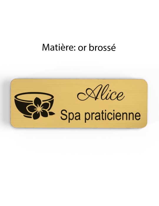 Badge personnalisé spa praticienne, motif spa et détente, finition or brossé