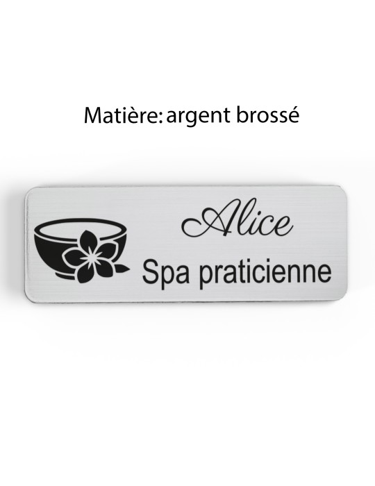 Badge personnalisé spa praticienne, motif spa et détente, finition argent brossé