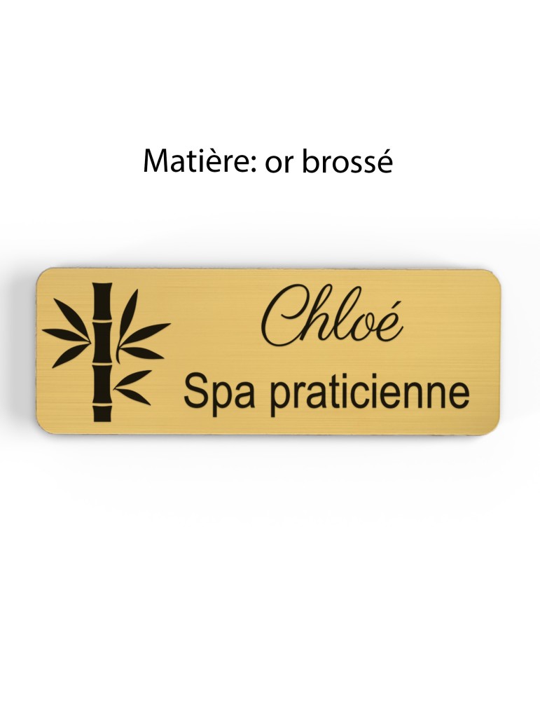 Badge personnalisé spa praticienne, motif spa et détente, finition or brossé