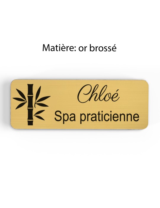 Badge personnalisé spa praticienne, motif spa et détente, finition or brossé