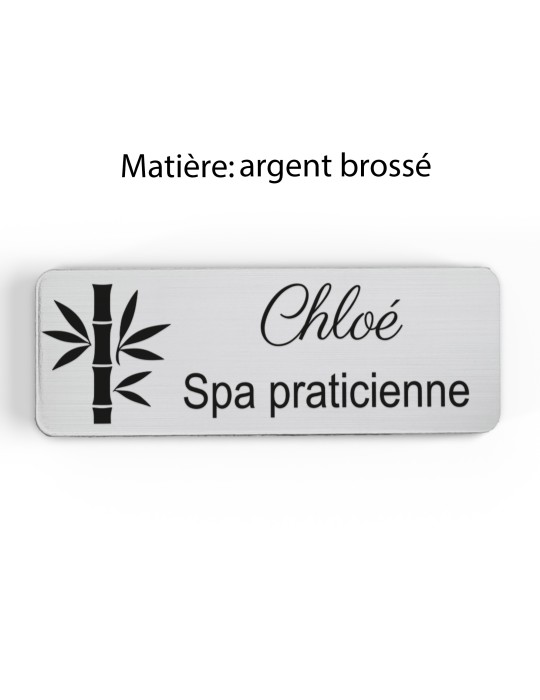 Badge personnalisé spa praticienne, motif spa et détente, finition argent brossé