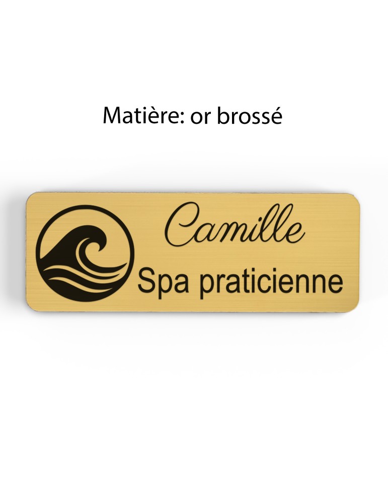 Badge personnalisé spa praticienne, motif spa et détente, finition or brossé
