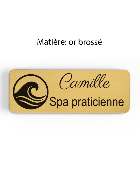 Badge personnalisé spa praticienne, motif spa et détente, finition or brossé