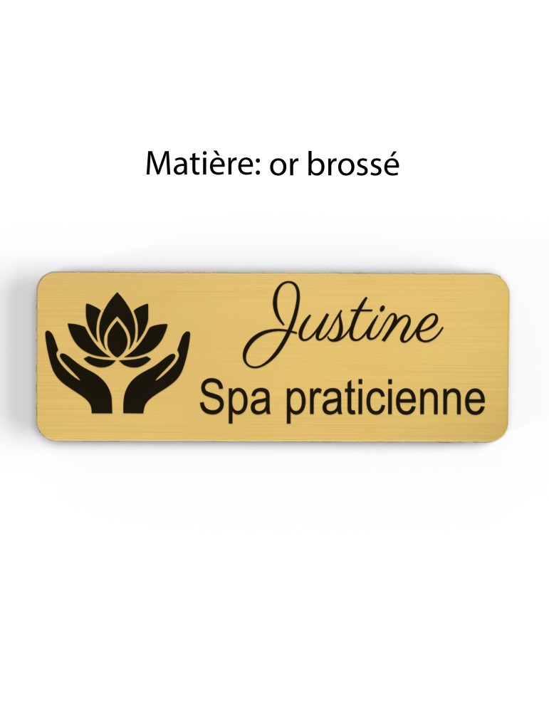 Badge personnalisé spa praticienne, motif spa et détente, finition or brossé