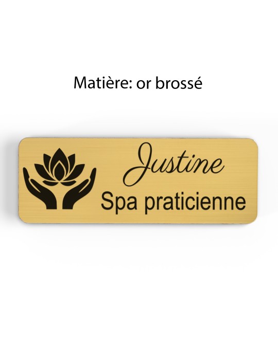 Badge personnalisé spa praticienne, motif spa et détente, finition or brossé