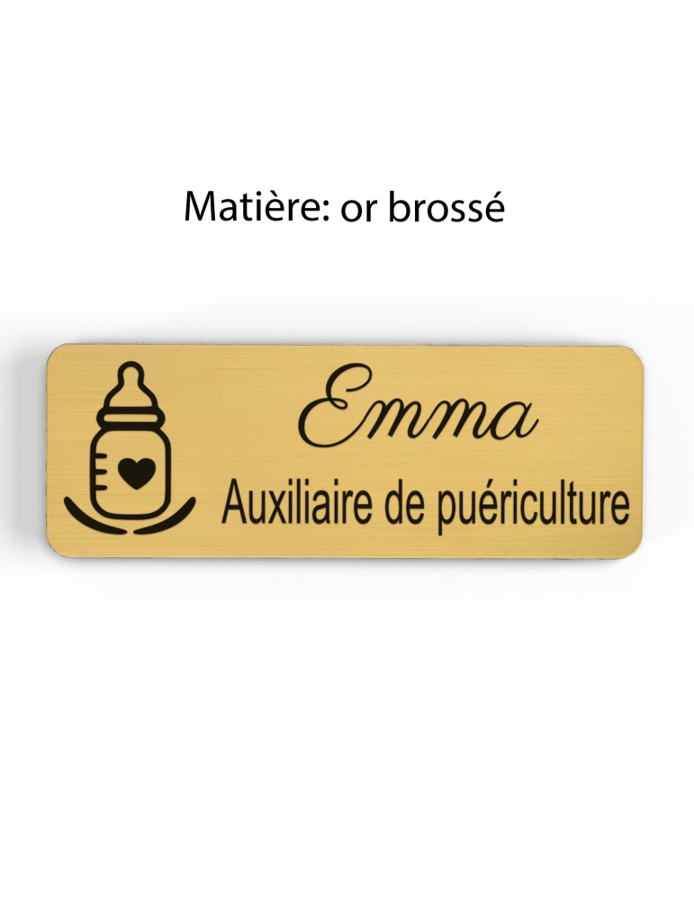 Badge personnalisé auxiliaire de puériculture, motif bébé et soins de puériculture, finition or brossé