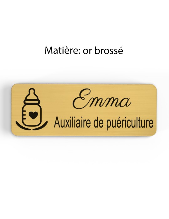 Badge personnalisé auxiliaire de puériculture, motif bébé et soins de puériculture, finition or brossé
