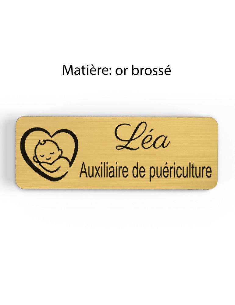 Badge personnalisé auxiliaire de puériculture, motif bébé et soins de puériculture, finition or brossé