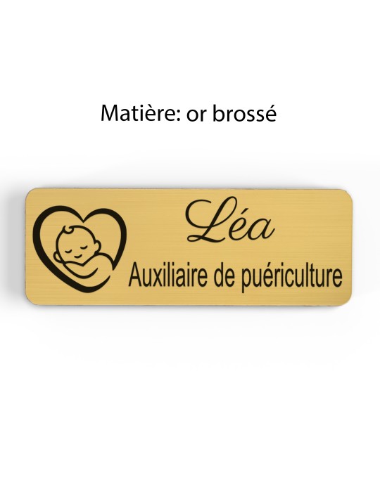 Badge personnalisé auxiliaire de puériculture, motif bébé et soins de puériculture, finition or brossé