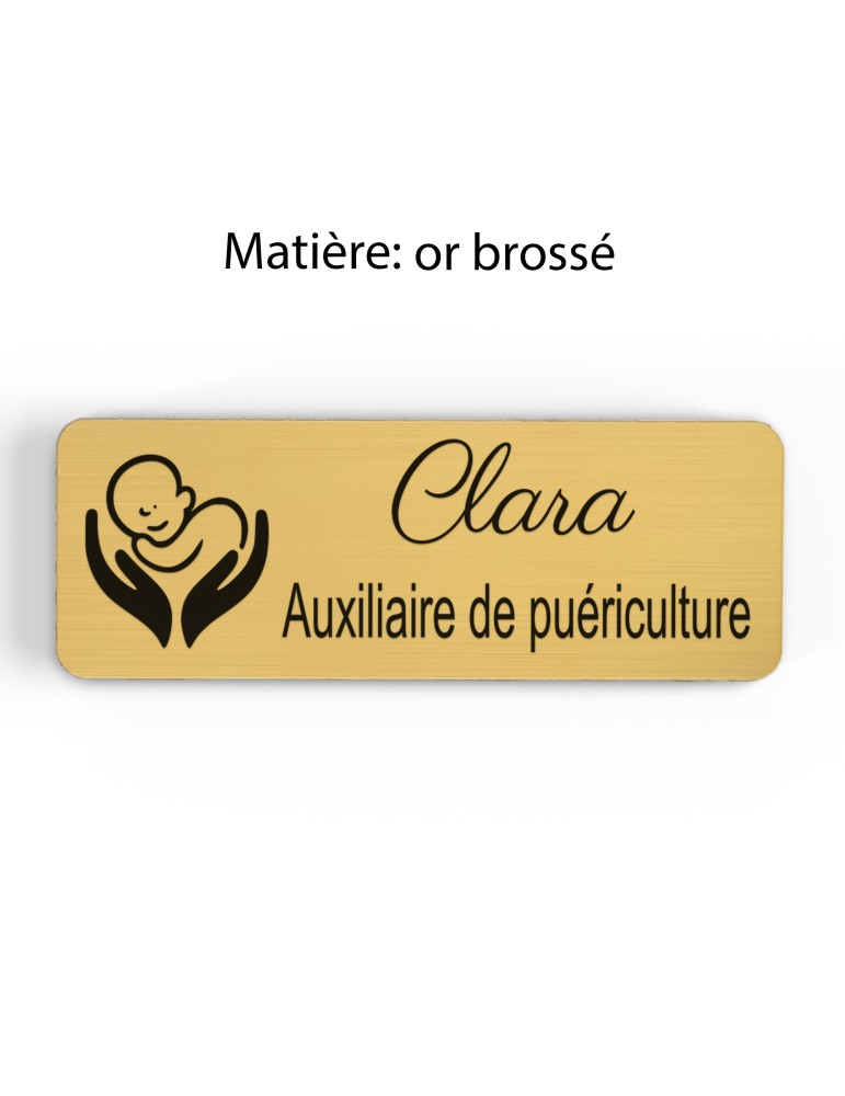 Badge personnalisé auxiliaire de puériculture, motif bébé et soins de puériculture, finition or brossé