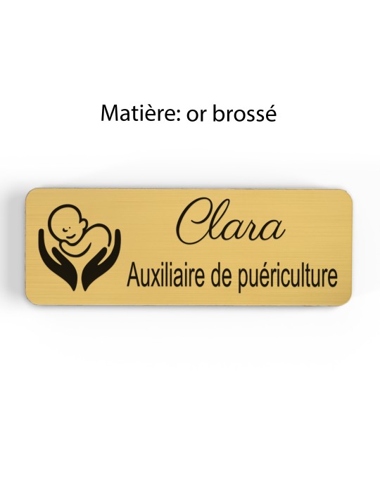 Badge personnalisé auxiliaire de puériculture, motif bébé et soins de puériculture, finition or brossé