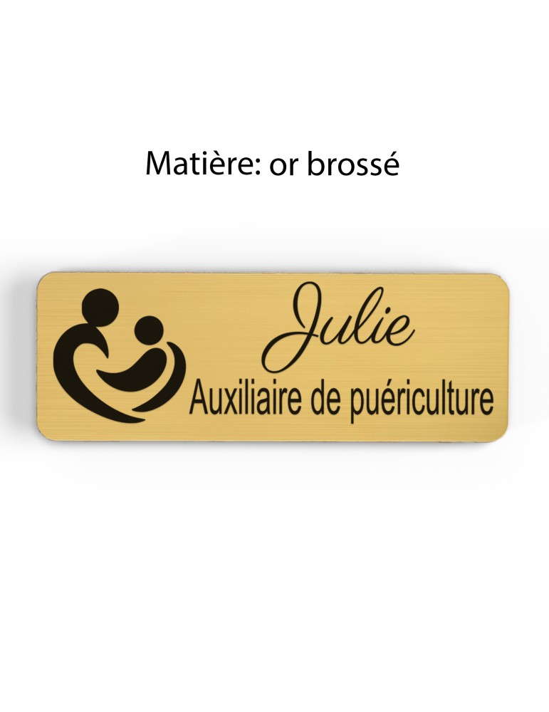 Badge personnalisé auxiliaire de puériculture, motif bébé et soins de puériculture, finition or brossé
