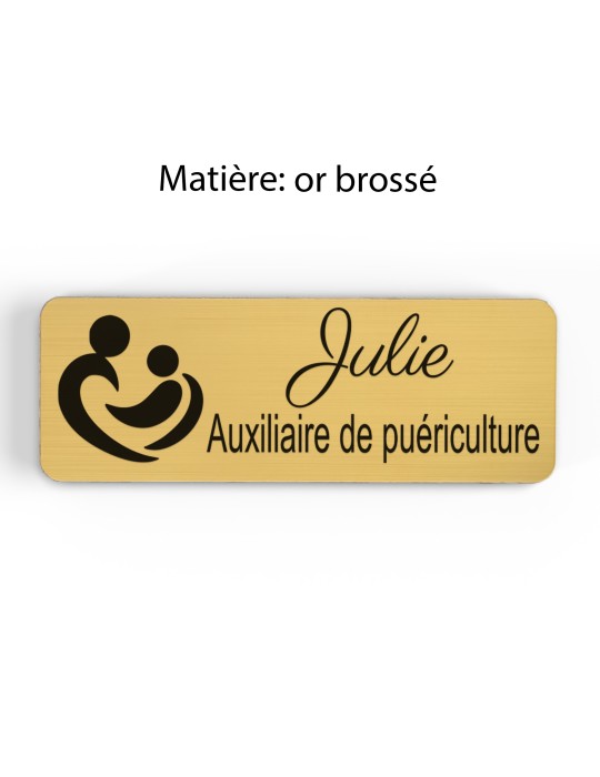 Badge personnalisé auxiliaire de puériculture, motif bébé et soins de puériculture, finition or brossé