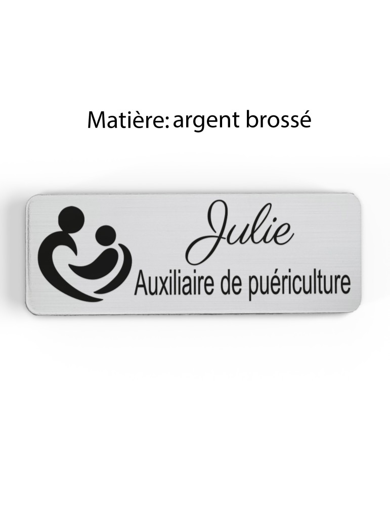 Badge personnalisé auxiliaire de puériculture, motif bébé et soins de puériculture, finition argent brossé