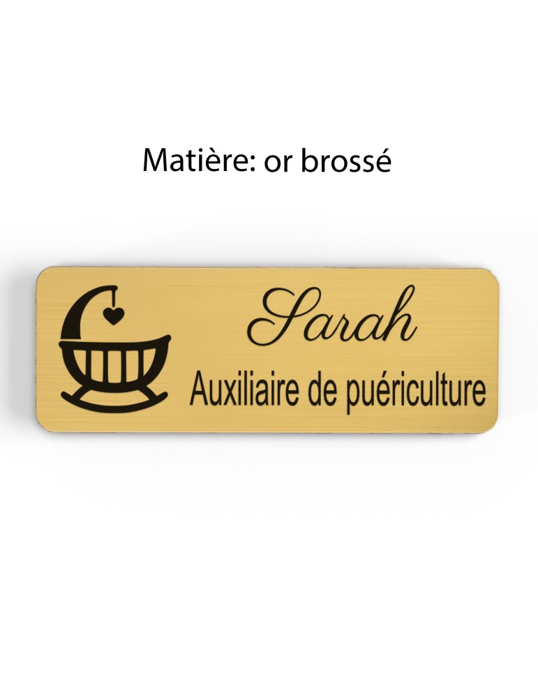 Badge personnalisé auxiliaire de puériculture, motif bébé et soins de puériculture, finition or brossé