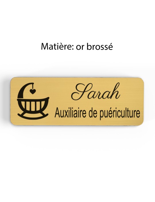 Badge personnalisé auxiliaire de puériculture, motif bébé et soins de puériculture, finition or brossé