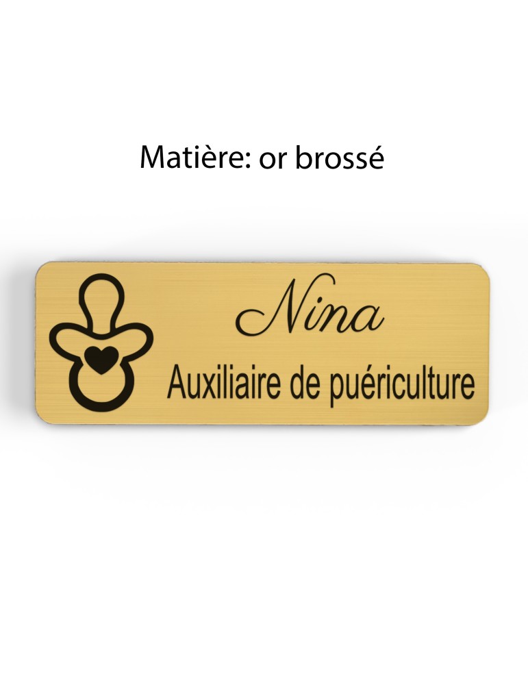 Badge personnalisé auxiliaire de puériculture, motif bébé et soins de puériculture, finition or brossé