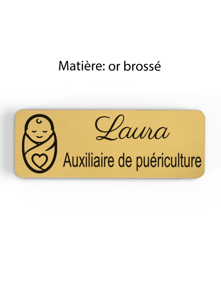 Badge personnalisé auxiliaire de puériculture, motif bébé et soins de puériculture, finition or brossé