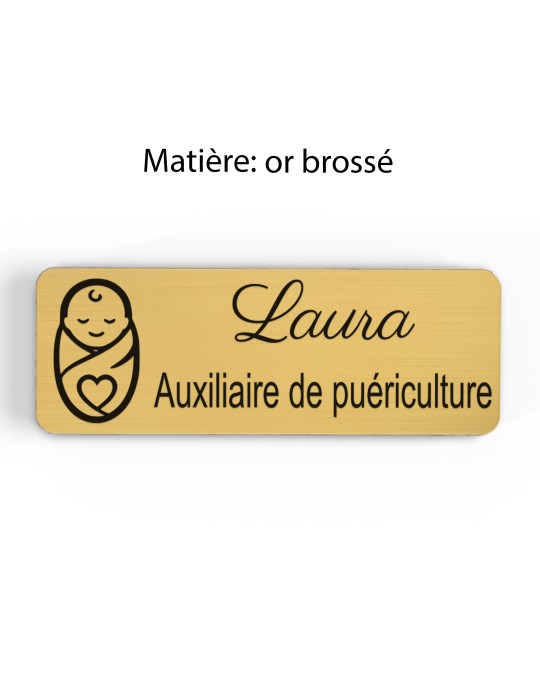 Badge personnalisé auxiliaire de puériculture, motif bébé et soins de puériculture, finition or brossé