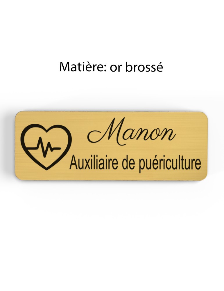 Badge personnalisé auxiliaire de puériculture, motif bébé et soins de puériculture, finition or brossé