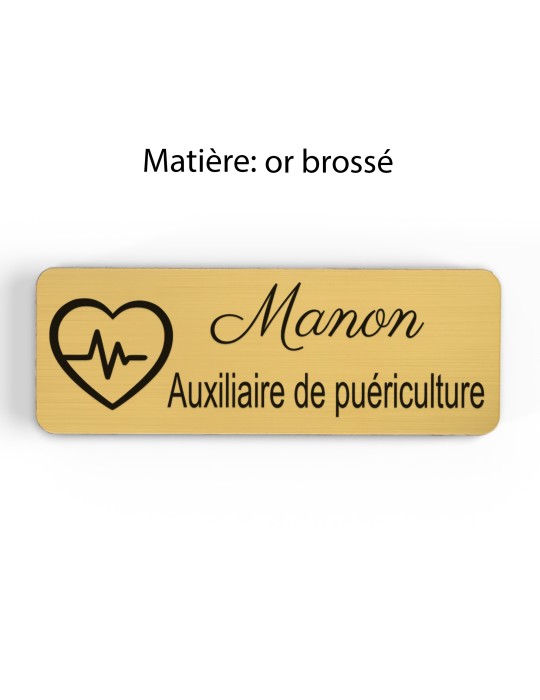 Badge personnalisé auxiliaire de puériculture, motif bébé et soins de puériculture, finition or brossé