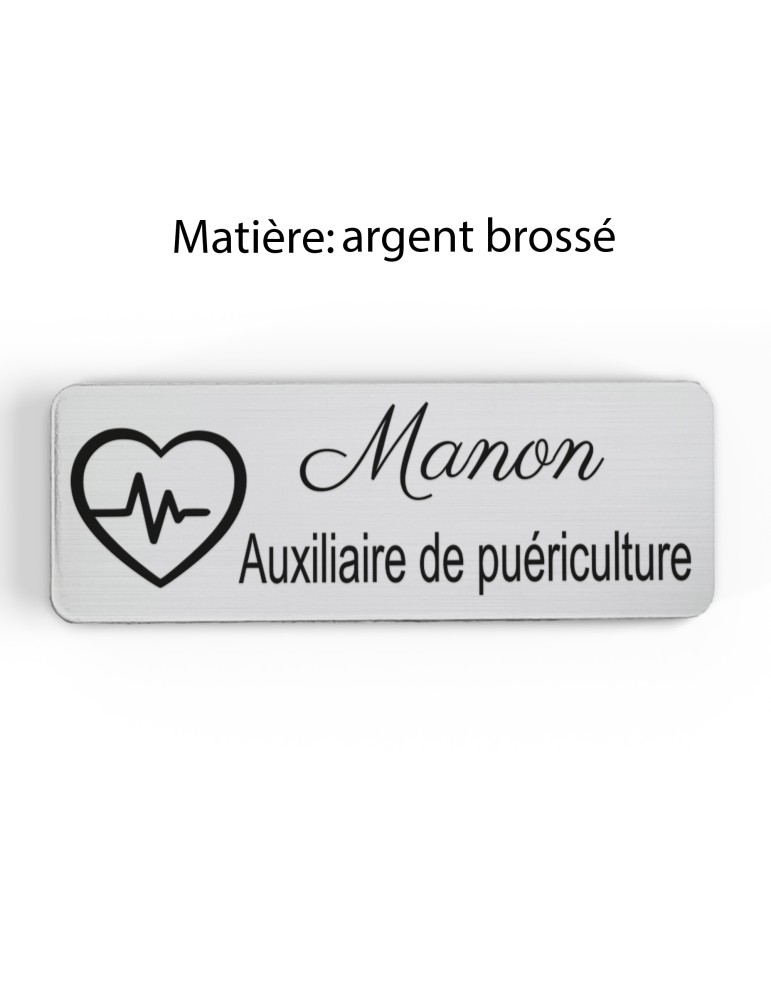 Badge personnalisé auxiliaire de puériculture, motif bébé et soins de puériculture, finition argent brossé