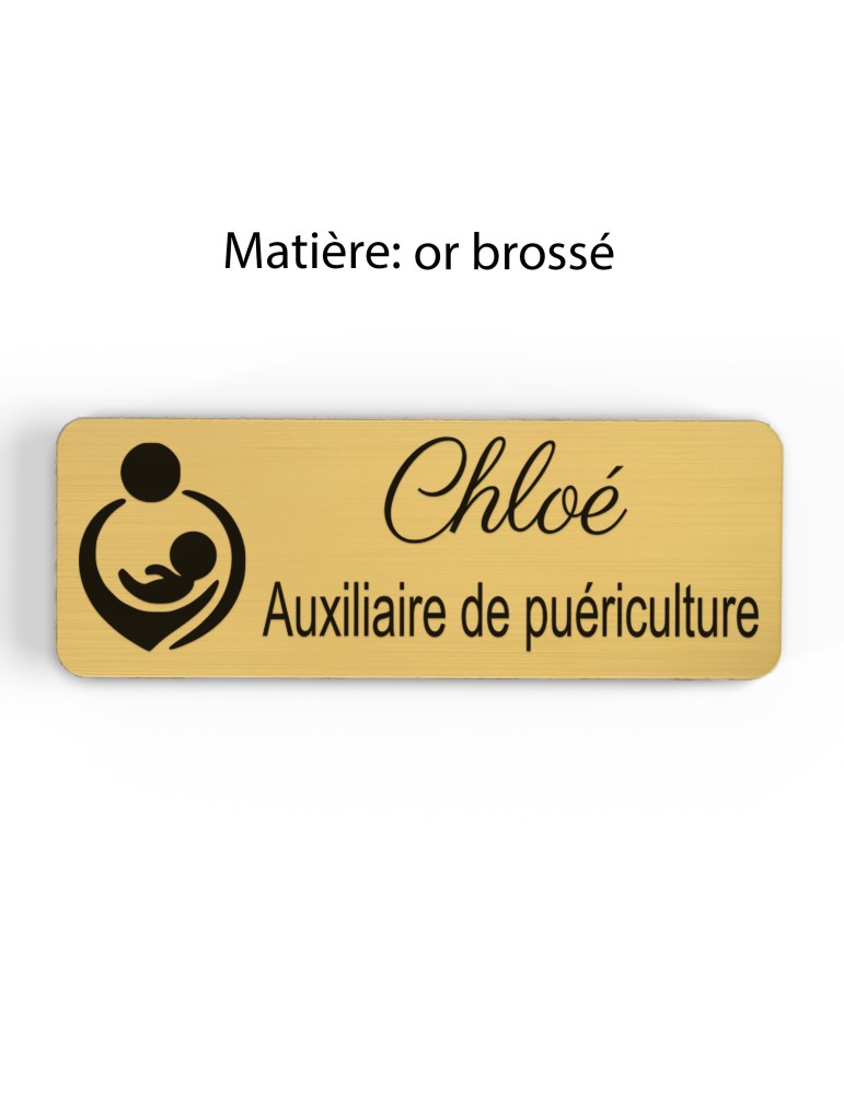Badge personnalisé auxiliaire de puériculture, motif bébé et soins de puériculture, finition or brossé