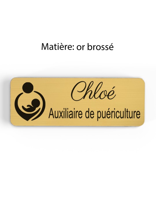Badge personnalisé auxiliaire de puériculture, motif bébé et soins de puériculture, finition or brossé