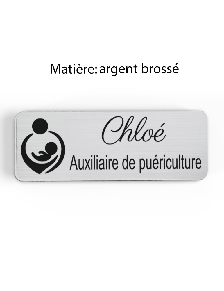 Badge personnalisé auxiliaire de puériculture, motif bébé et soins de puériculture, finition argent brossé
