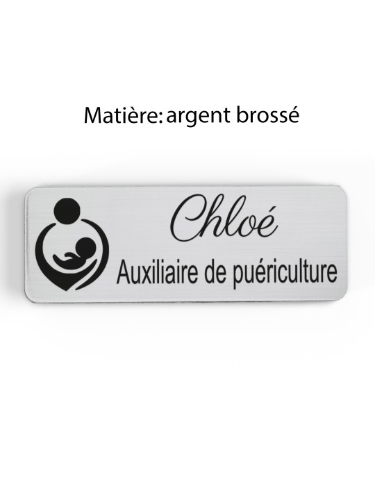 Badge personnalisé auxiliaire de puériculture, motif bébé et soins de puériculture, finition argent brossé