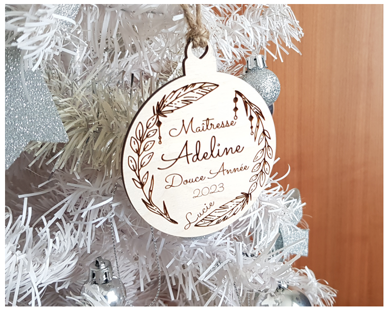 Boule de Noël bois personnalisée, plume, boho