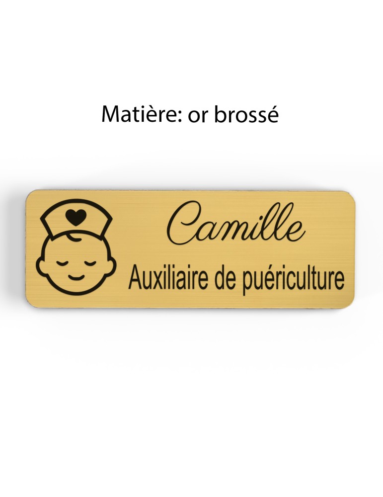 Badge personnalisé auxiliaire de puériculture, motif bébé et soins de puériculture, finition or brossé