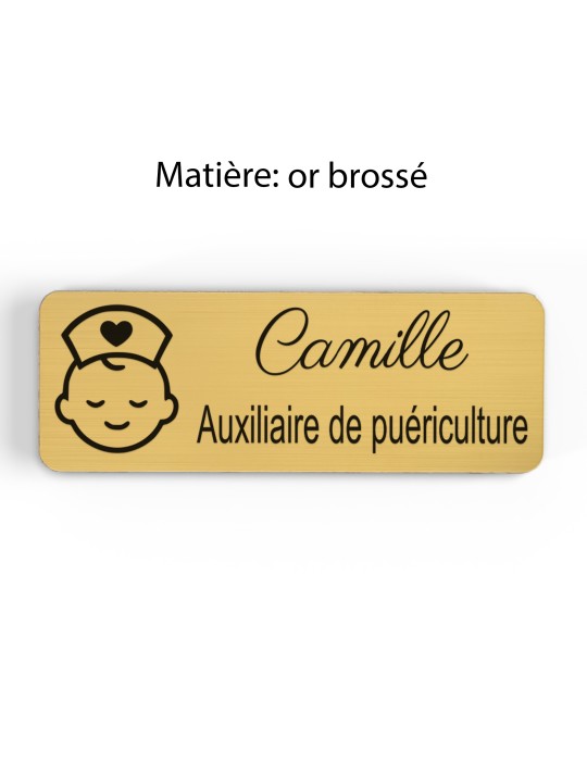 Badge personnalisé auxiliaire de puériculture, motif bébé et soins de puériculture, finition or brossé