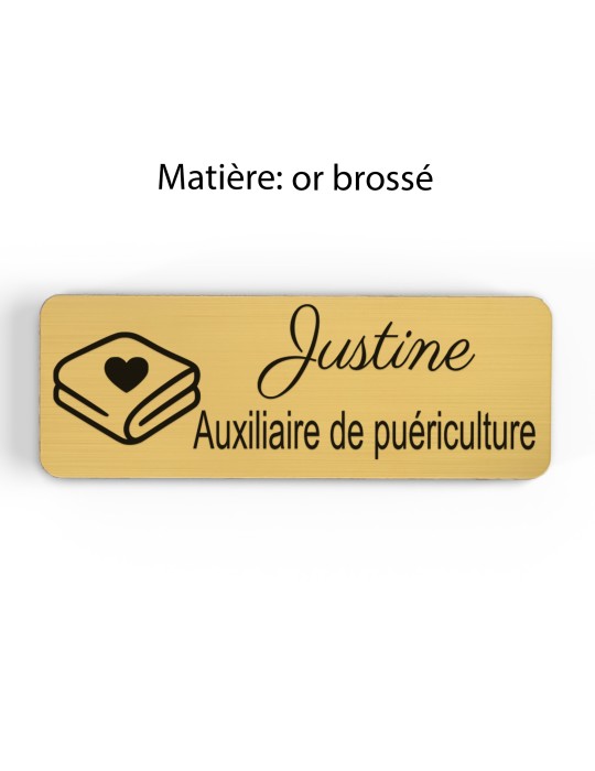 Badge personnalisé auxiliaire de puériculture, motif bébé et soins de puériculture, finition or brossé