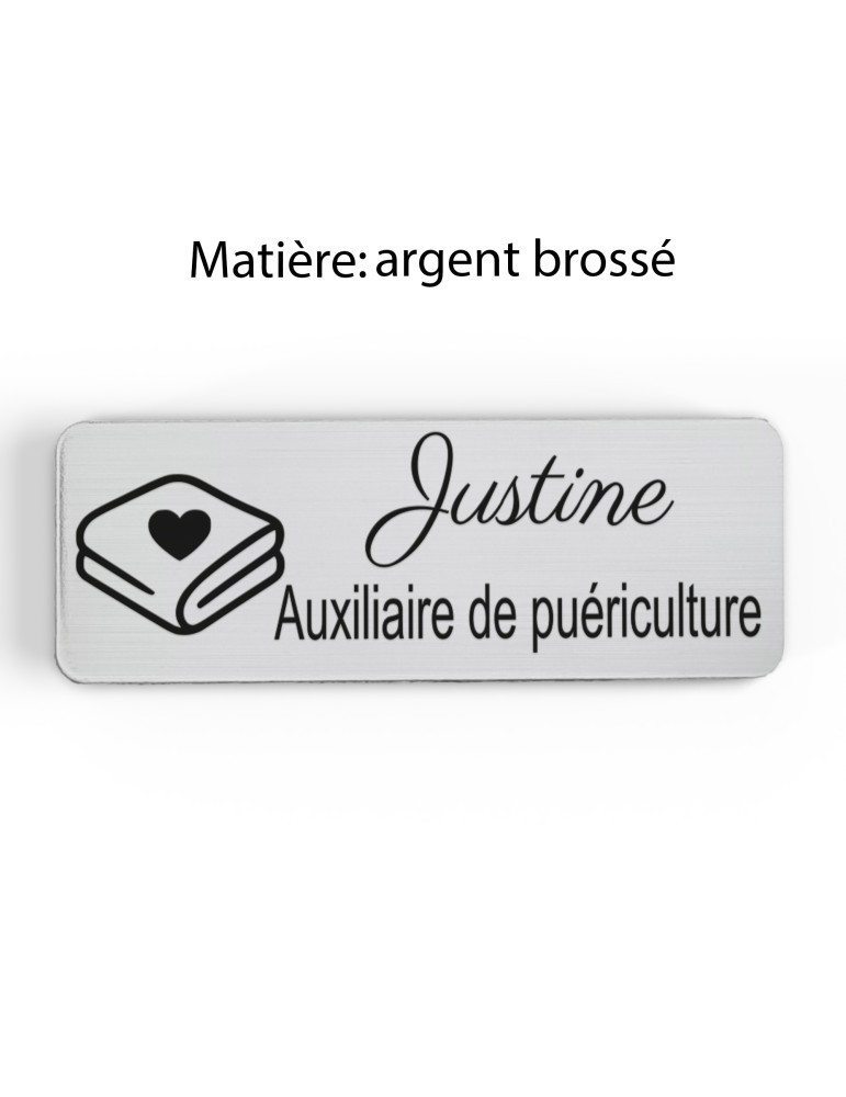 Badge personnalisé auxiliaire de puériculture, motif bébé et soins de puériculture, finition argent brossé